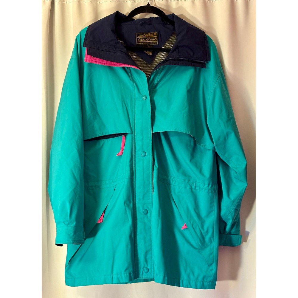 Vintage Eddie Bauer Gore Tex Rain Jacket Teal Pink 90's Colorblock Large Hood